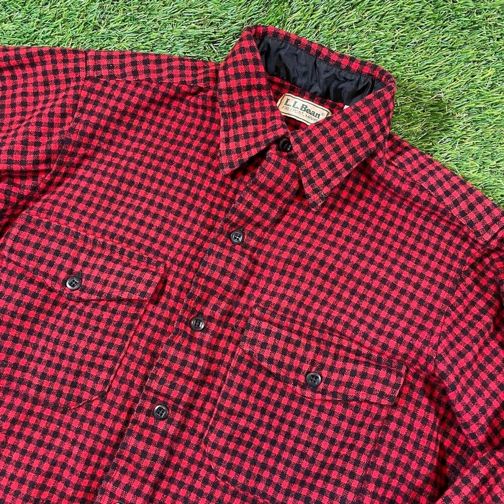 L.L.Bean 80's vintage wool Red & Black Checkered Flannel Shirt Lined cuffs (S)